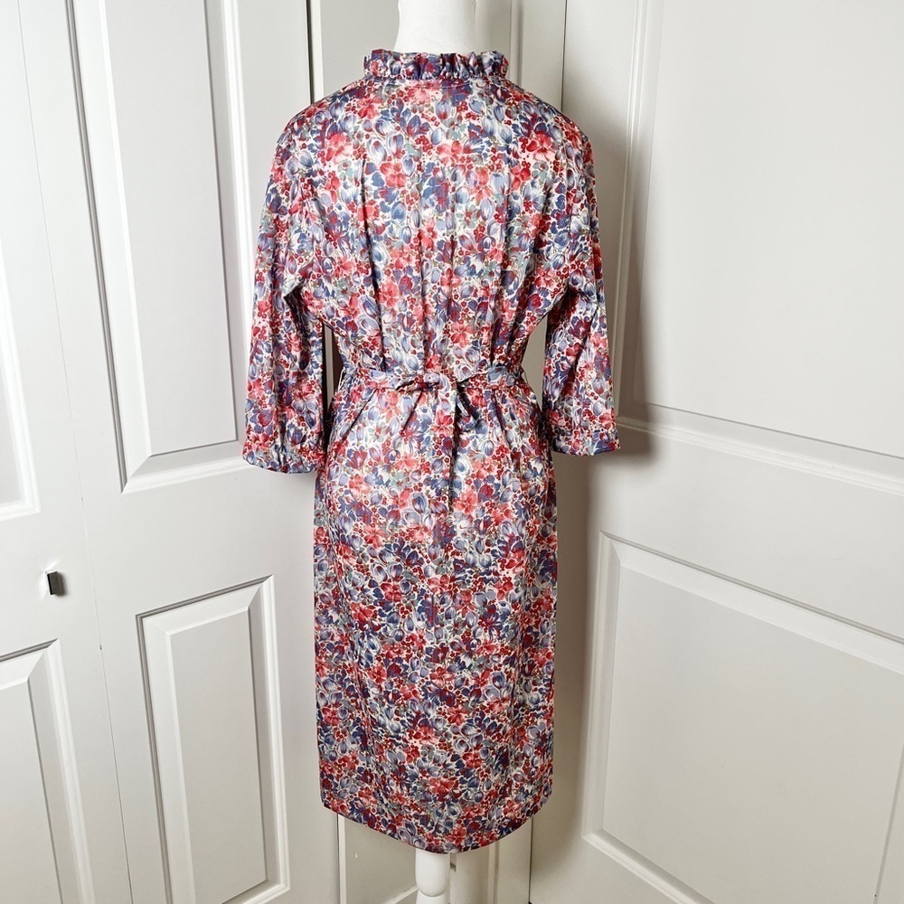 Vintage Floral Midi Dress with 3/4 Sleeves | Ruffled Collar & Waist Sash - Picture 4 of 15